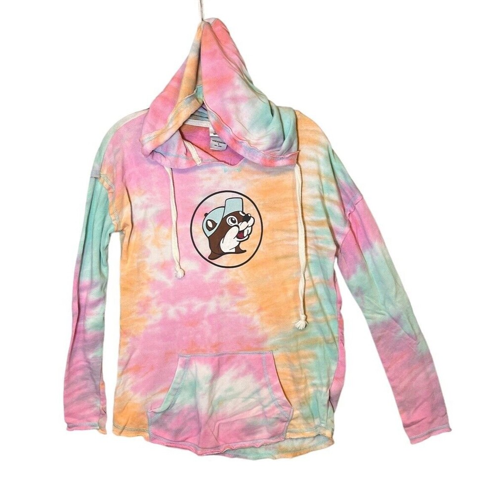 Buc-ees Logo Pullover Hoodie Sweatshirt Womens Sz Small Terry Cloth Tie Dye Pink